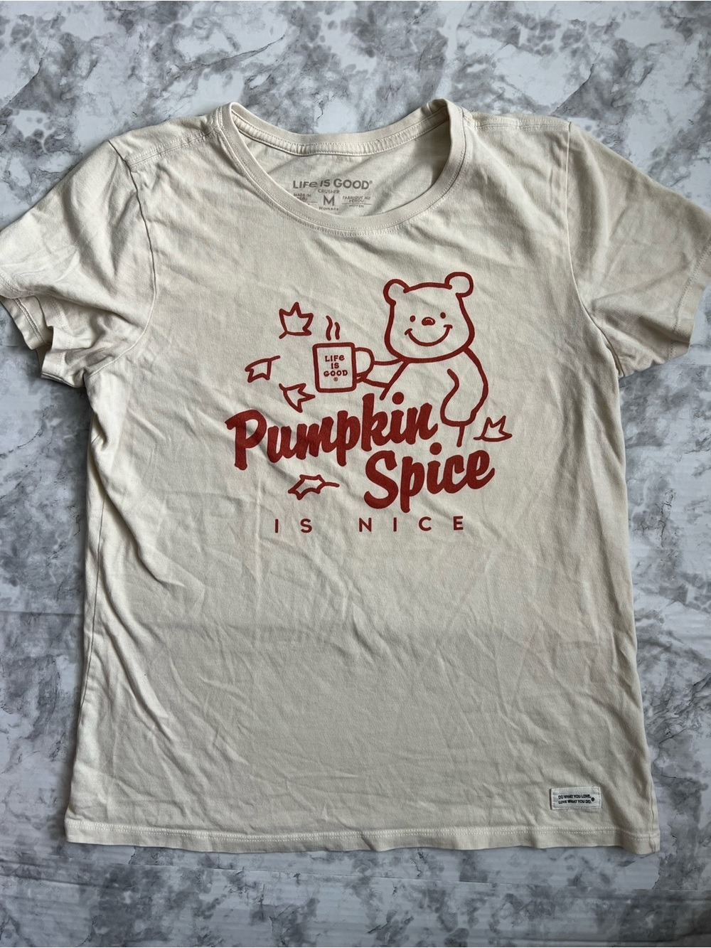 Life Is Good Womens Cream Pumpkin Spice Is Nice Bear Graphic T-Shirt Size M Fall